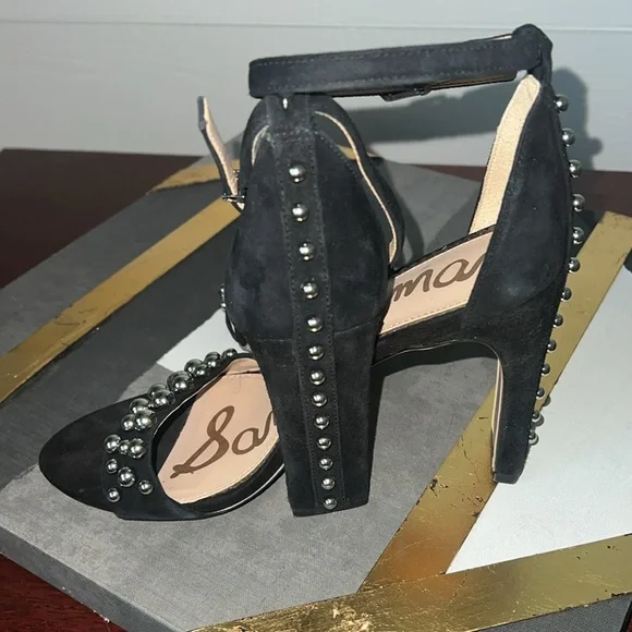 🪩SAM EDELMAN•Yoshi Black Suede Sandals silver studded embellishment •Size 7.5 - Picture 9 of 17